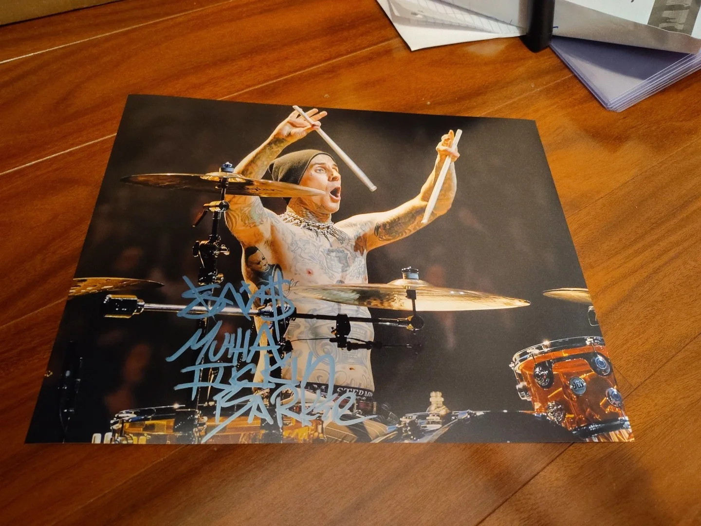 Travis Barker Signed 11x14 Blink 182 Inscribed Mf In Drummer Acrobats +44..., image 4
