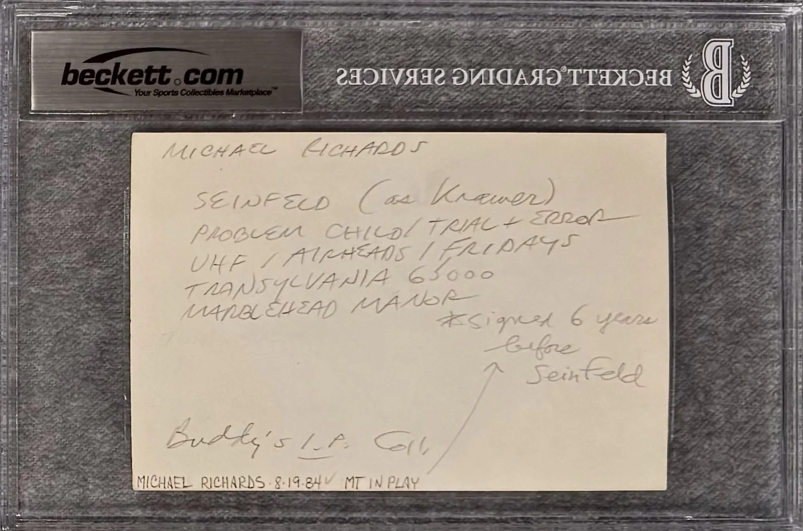 Michael Richards — MICHAEL RICHARDS Autographed Signed 4x6 INDEX CARD SEINFELD KRAMER UHF BECKETT, image 2
