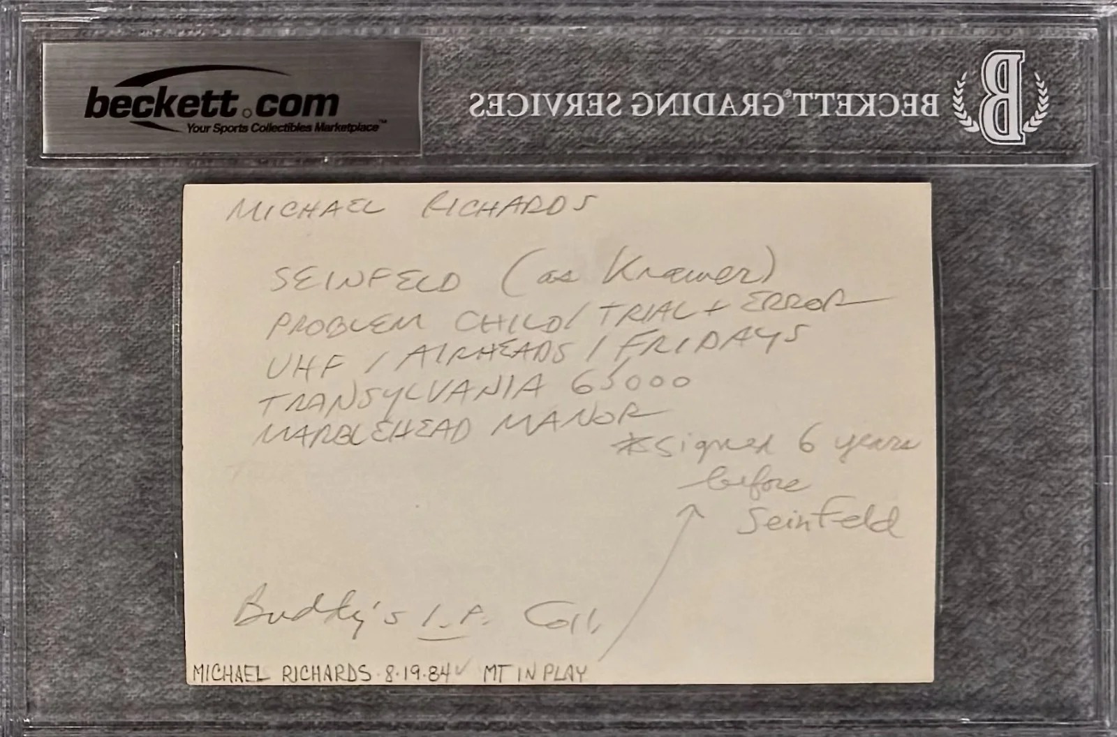 Michael Richards — MICHAEL RICHARDS Autographed Signed 4x6 INDEX CARD SEINFELD KRAMER UHF BECKETT, image 4