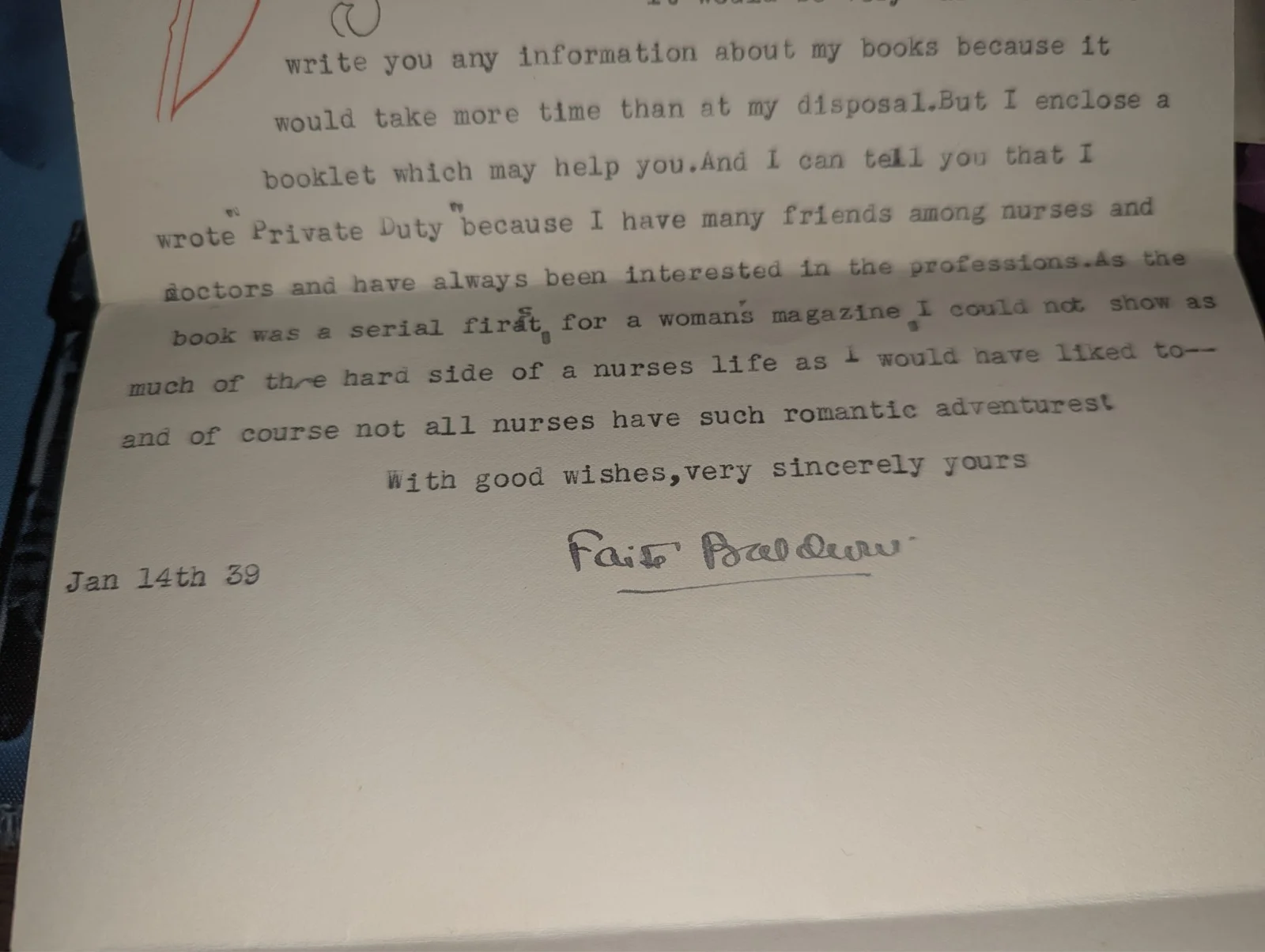 Faith Baldwin — Faith Baldwin Signed Autographed Typed Letter along w/Pamphlet American Author, image 2