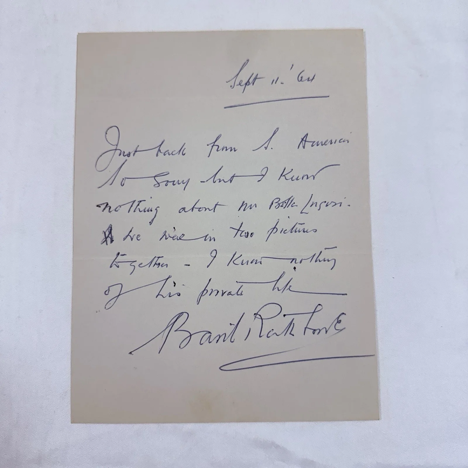 Basil Rathbone — 1964 Basil Rathbone Handwritten Signed Letter To Bela Lugosi Fan Club