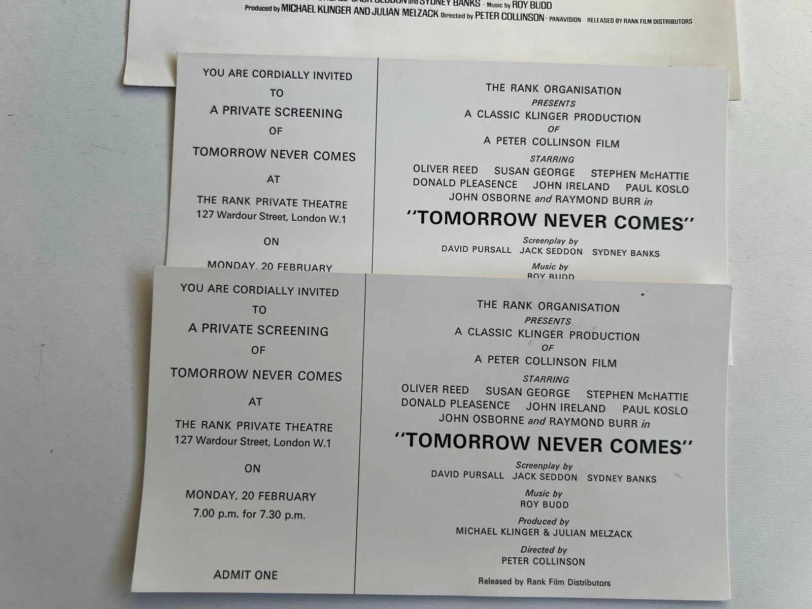 Tomorrow Never Comes Film Programme with Private Screening Tickets 1978 Rank, image 2