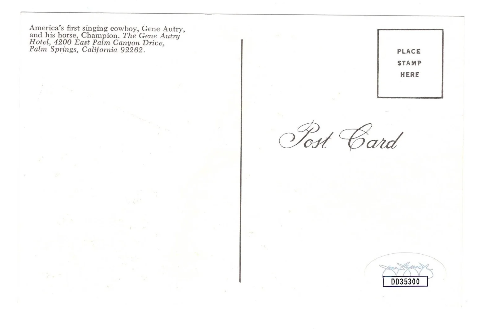 Gene Autry — Gene Autry Signed Vintage Singing Cowboy Post Card - JSA Authentication, image 2