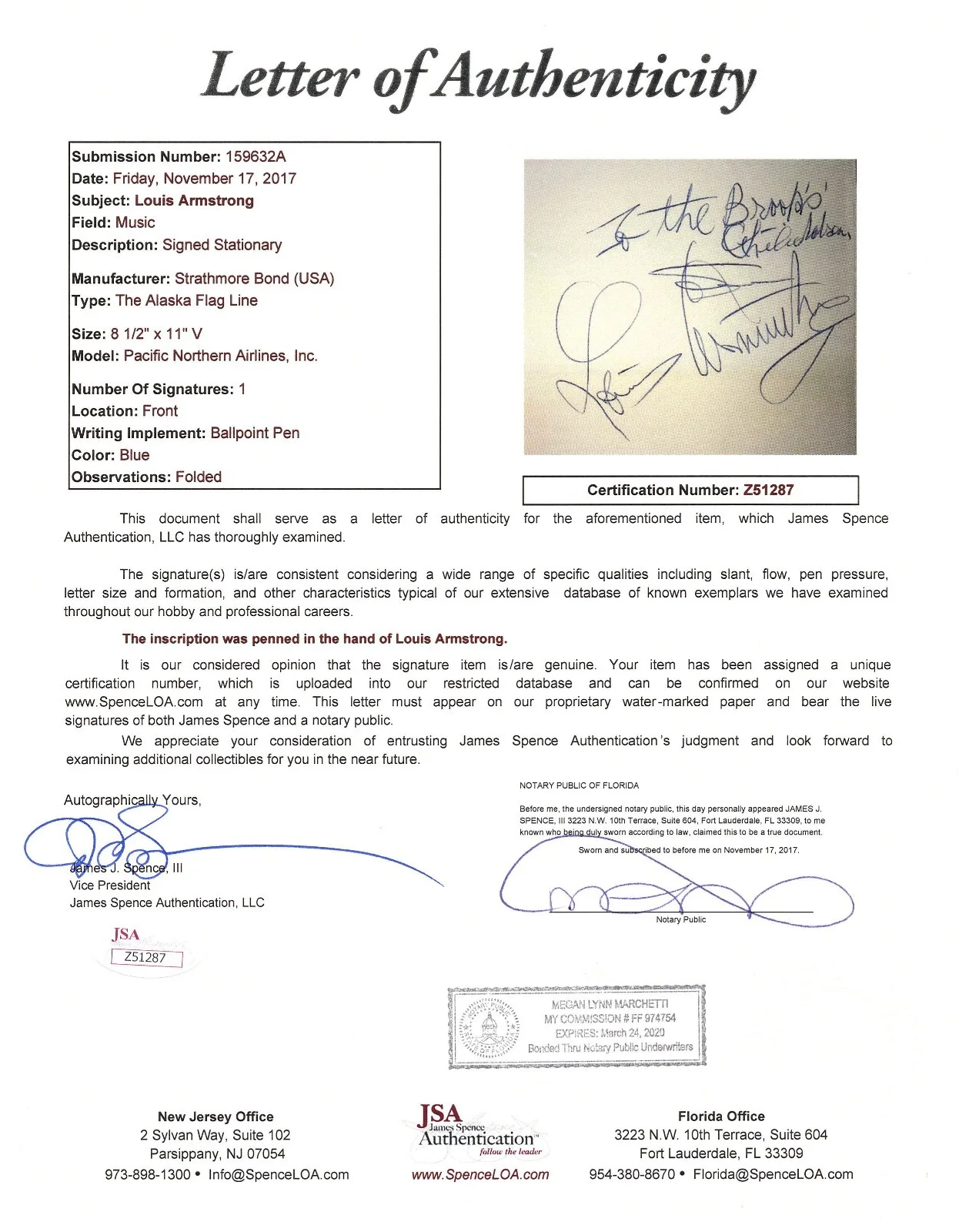 Louis Armstrong Signed Pacific Northern Airlines Letterhead - JSA Authentication, image 3