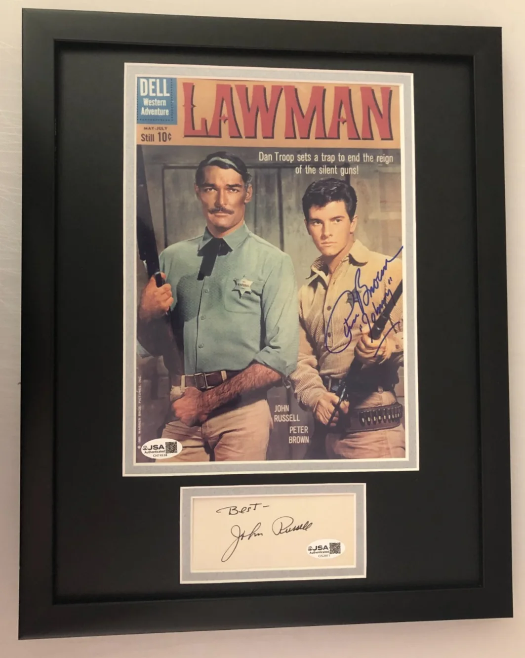 JOHN RUSSELL, PETER BROWN — JOHN RUSSELL & PETER BROWN SIGNED PHOTO DISPLAY "LAWMAN 1958-1962" JSA COA, image 2