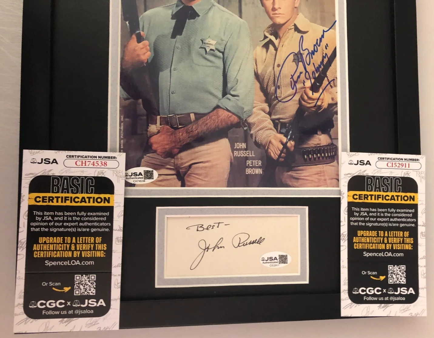 JOHN RUSSELL, PETER BROWN — JOHN RUSSELL & PETER BROWN SIGNED PHOTO DISPLAY "LAWMAN 1958-1962" JSA COA, image 3
