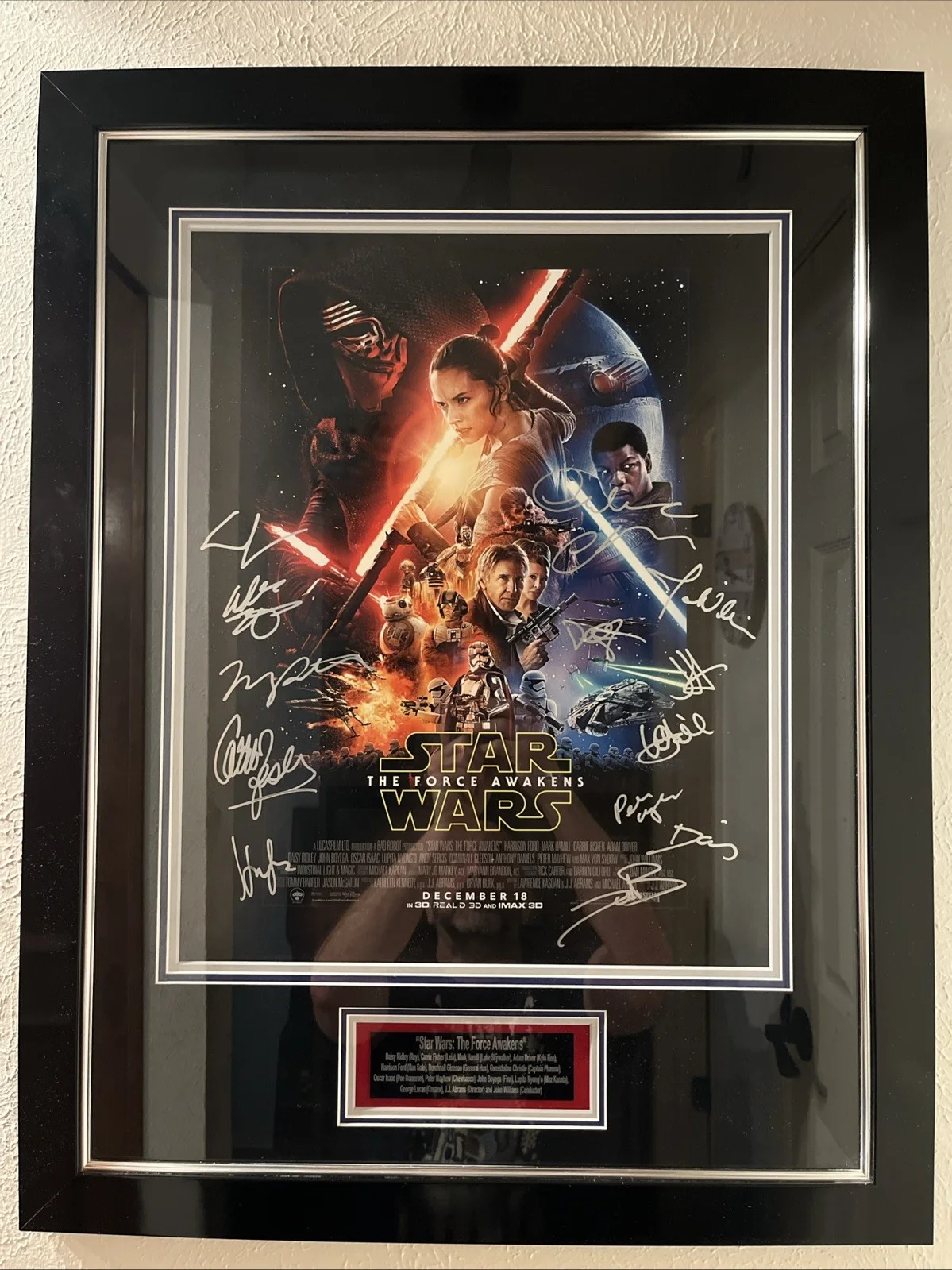 George Lucas, JJ Abrams, Harrison Ford, Mark Hamill, Fisher, etc — Star Wars Force Awakens Ultimate Autographed Advanced 16 x 20 Poster