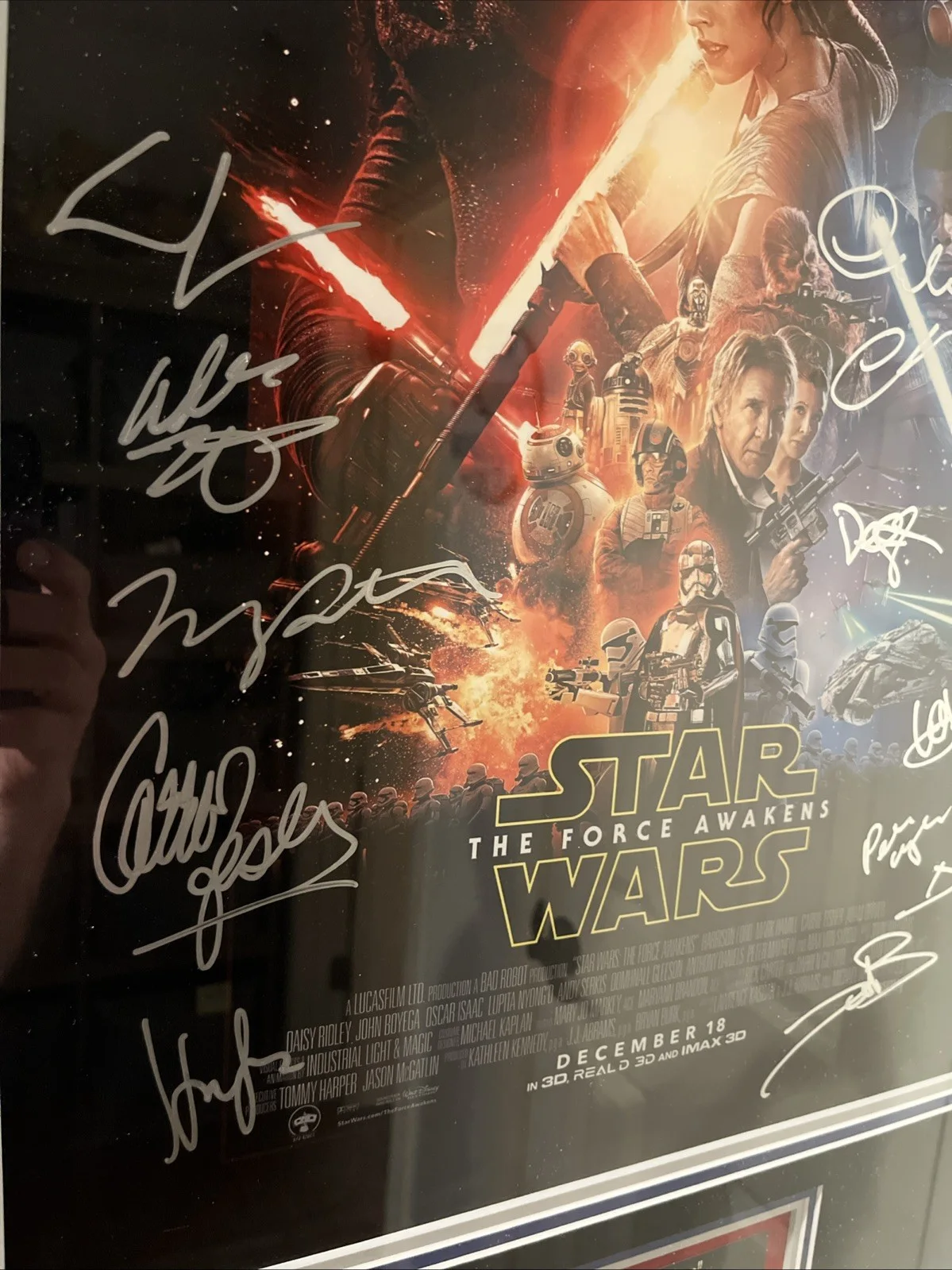 George Lucas, JJ Abrams, Harrison Ford, Mark Hamill, Fisher, etc — Star Wars Force Awakens Ultimate Autographed Advanced 16 x 20 Poster, image 2