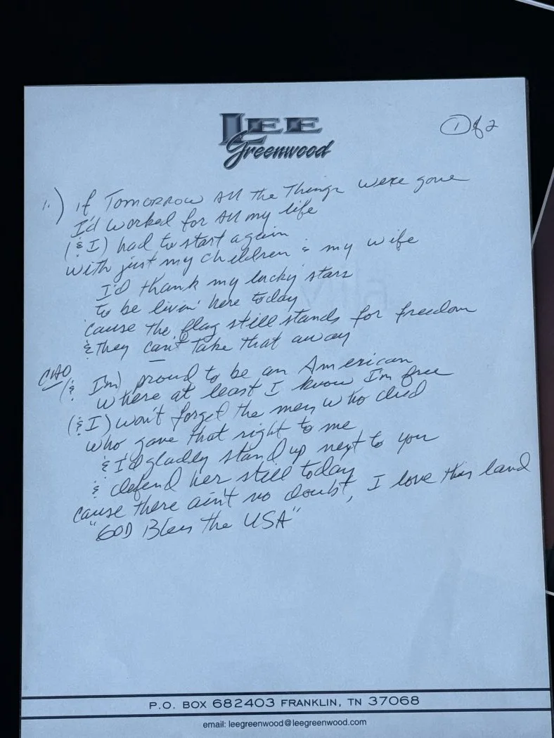 Lee Greenwood Hand Signed 8x10 Photo W/ Hand Written Lyric Sheets Framed BAS, image 3