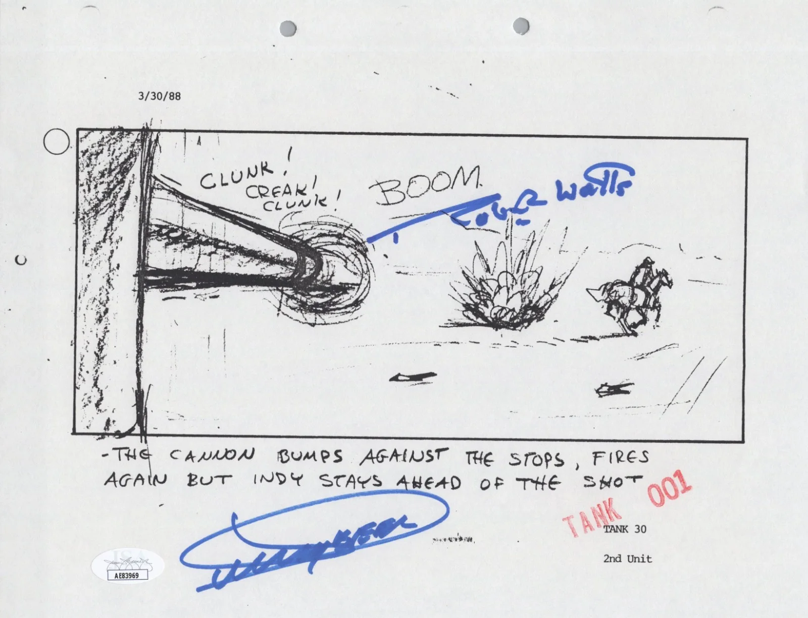 Dickey Beer — Indiana Jones - Storyboard signed by Dickey Beer & Robert Watts 8x10 JSA COA