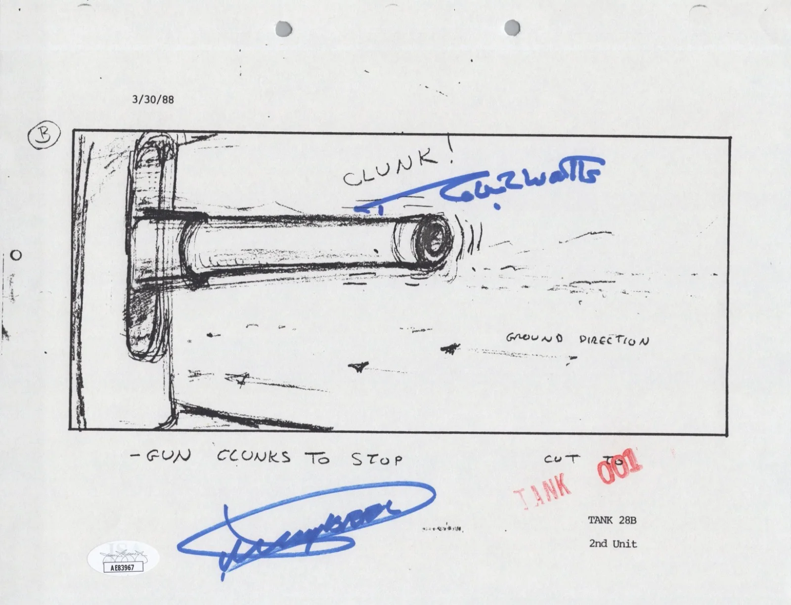 Dickey Beer — Indiana Jones - Storyboard signed by Dickey Beer & Robert Watts 8x10 JSA COA