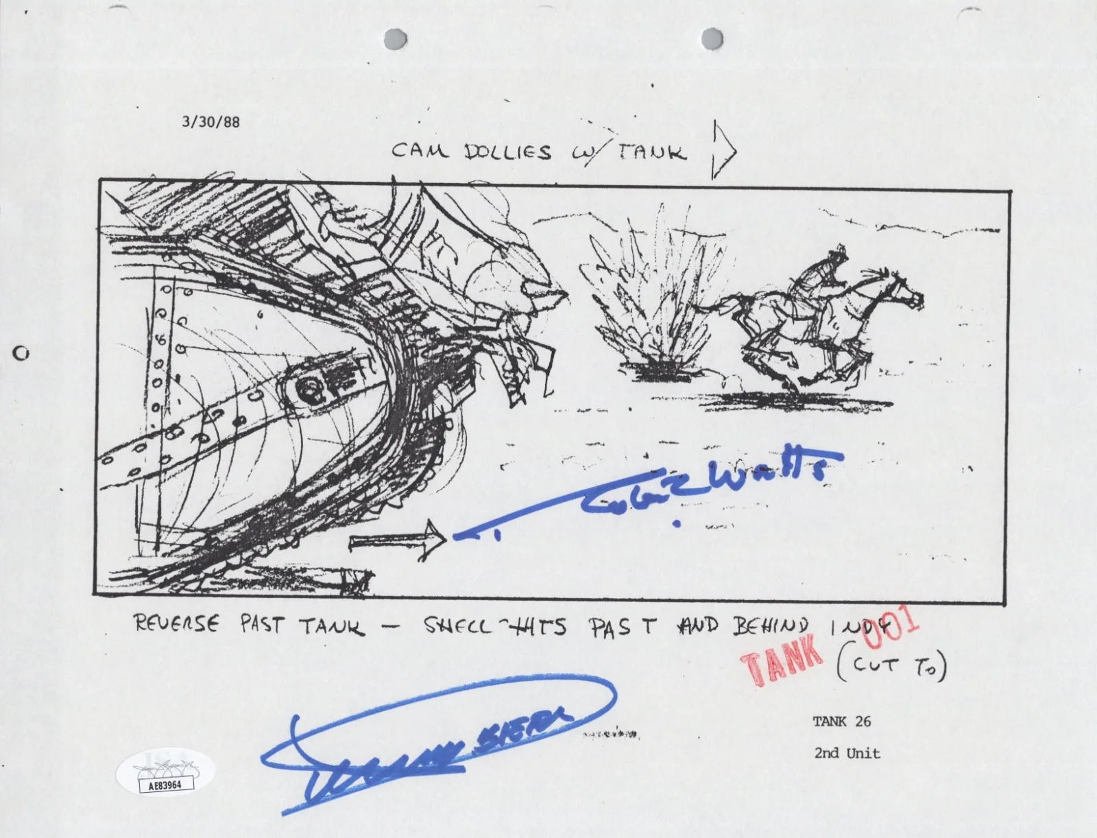 Dickey Beer — Indiana Jones - Storyboard signed by Dickey Beer & Robert Watts 8x10 JSA COA