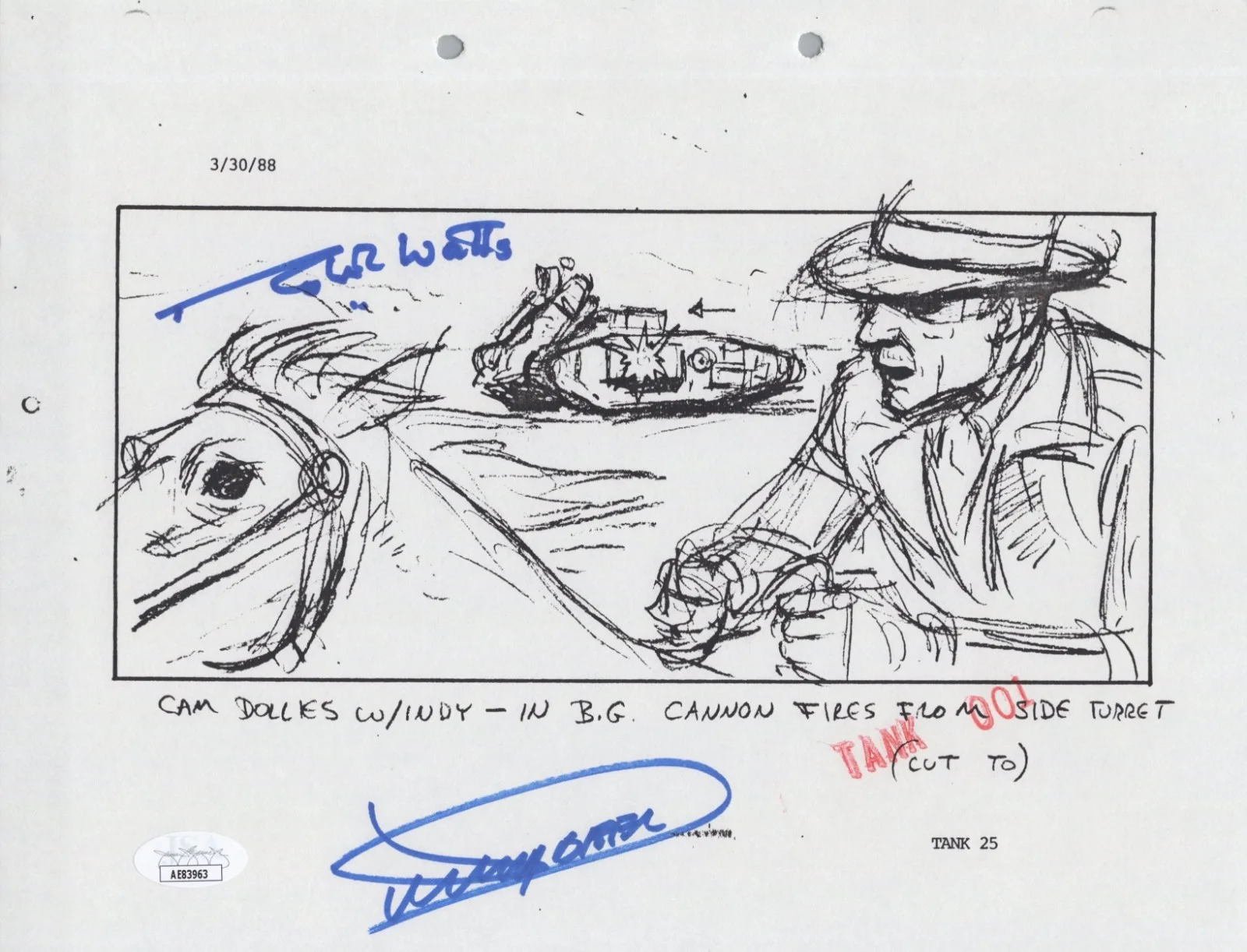 Dickey Beer — Indiana Jones - Storyboard signed by Dickey Beer & Robert Watts 8x10 JSA COA