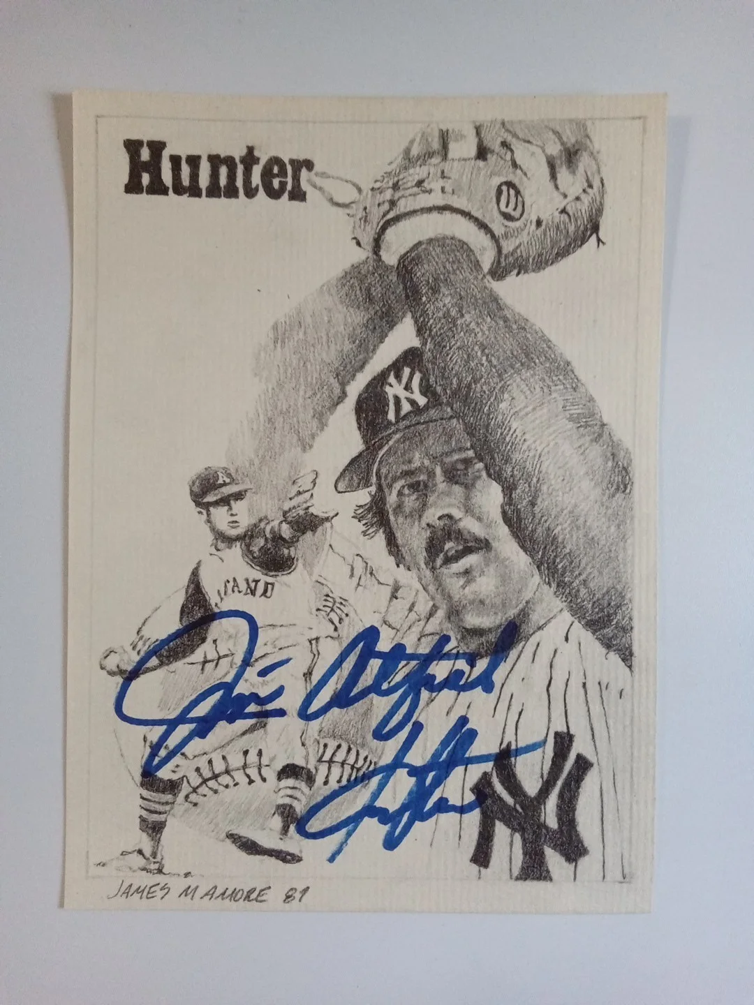 Catfish Hunter Signed Black & White Sketch Card JSA COA -1#, image 2