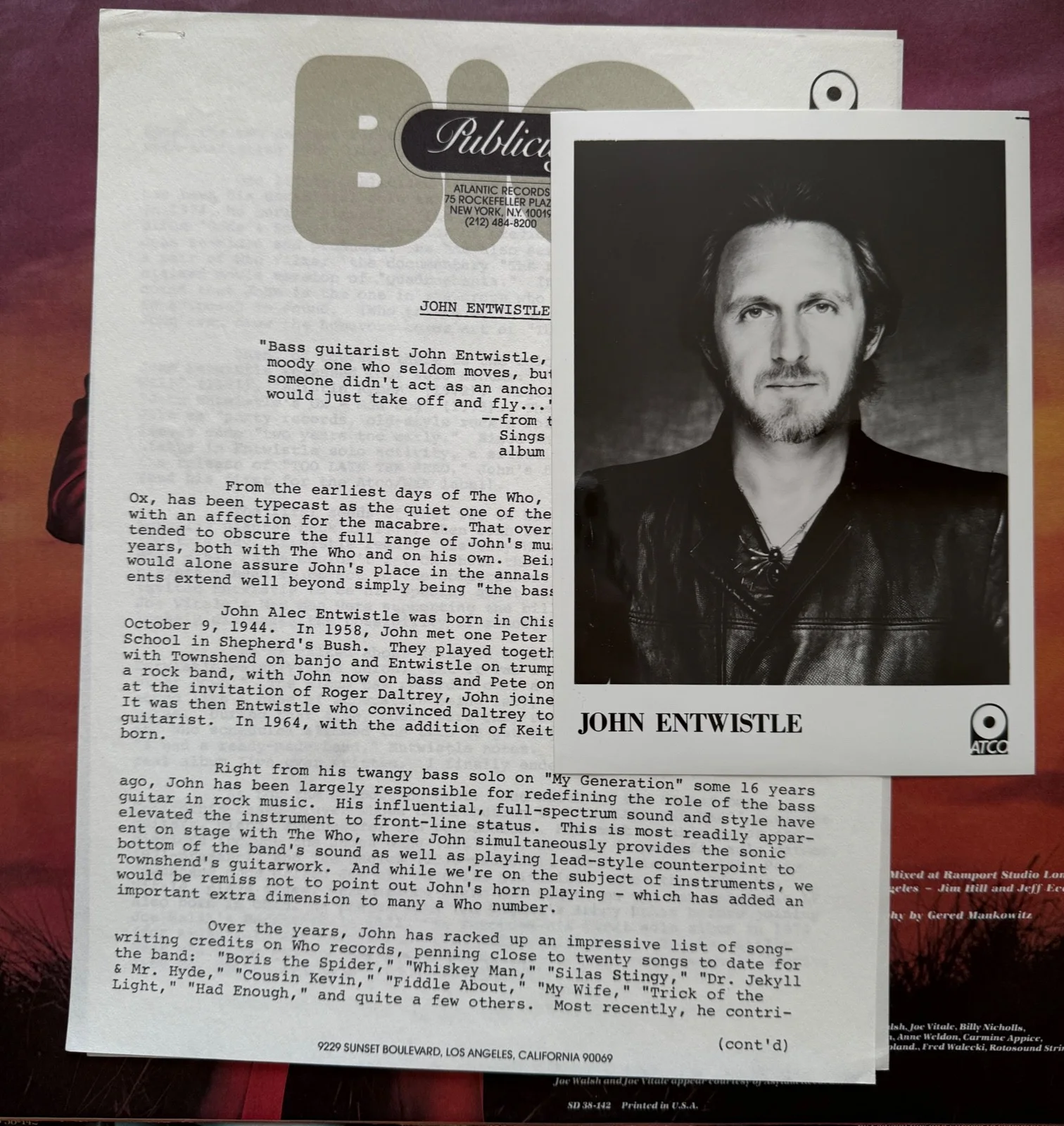 John Entwistle : Too Late The Hero signed LP autographed vinyl plus - The Who, image 4