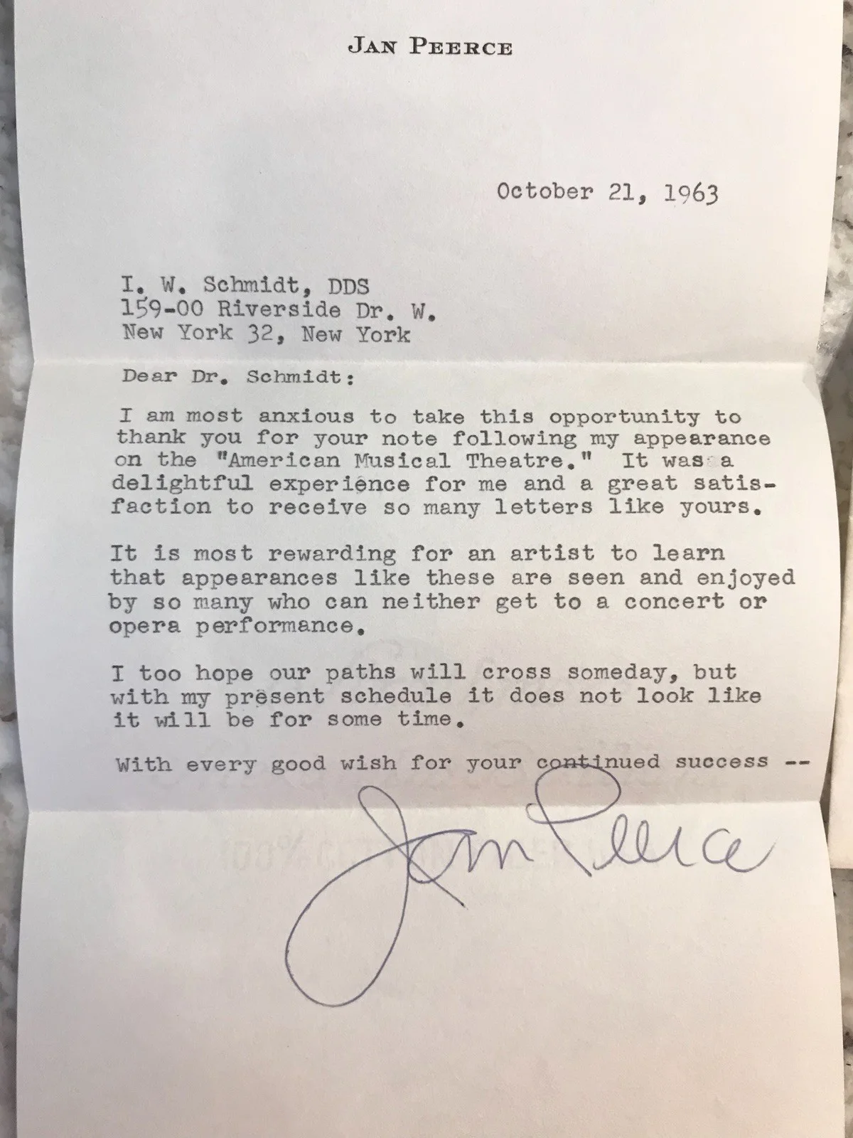 Jan Peerce- (Opera Singer) 1963 signed letter - personalized stationery/envelope, image 2