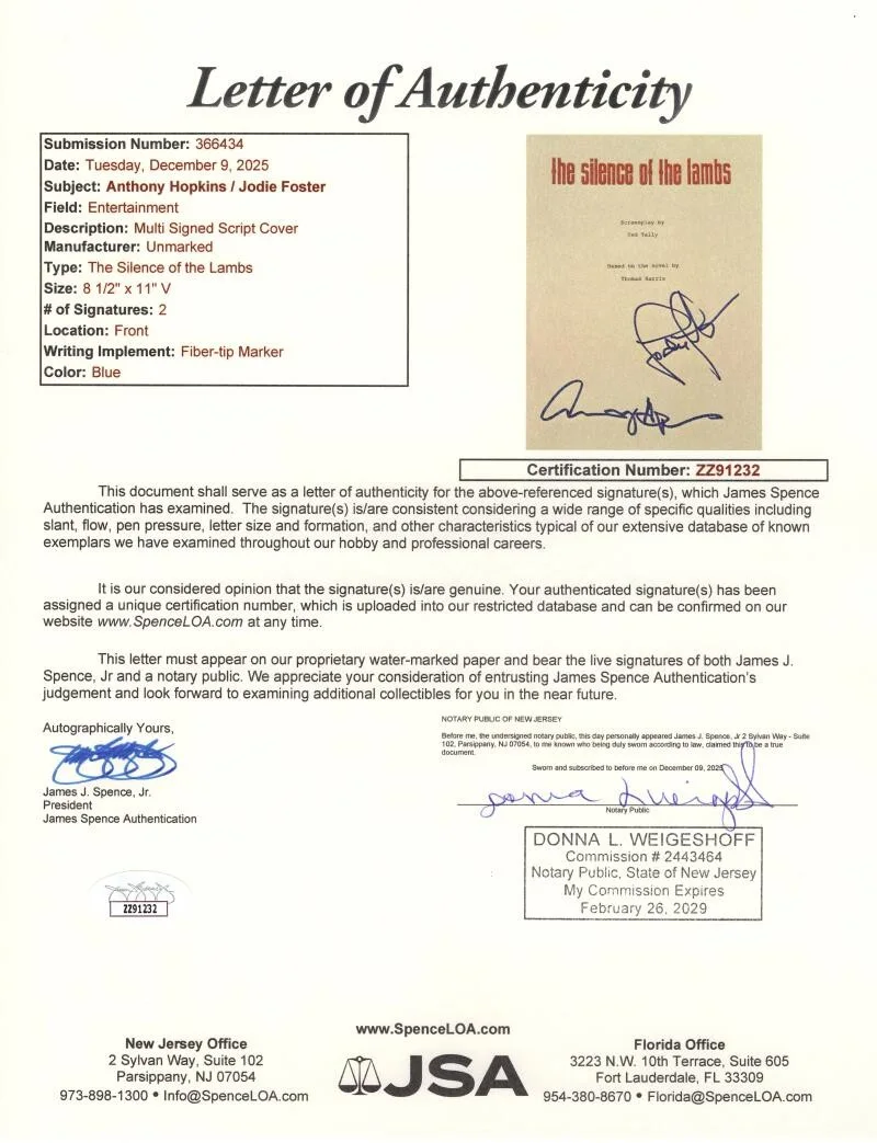 Jodie Foster, Anthony Hopkins — Anthony Hopkins & Jodie Foster Signed Autograph Silence of the Lambs Script JSA, image 2