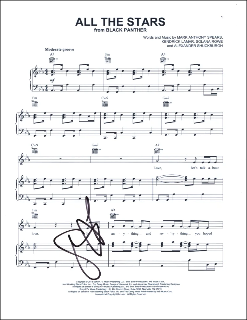 SZA — SZA Signed Autograph All the Stars Sheet Music w/ Kendrick Lamar Black Panther