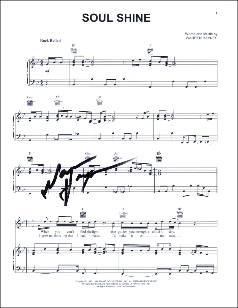 Warren Haynes — Warren Haynes The Allman Brothers Band Signed Autograph Soul Shine Sheet Music