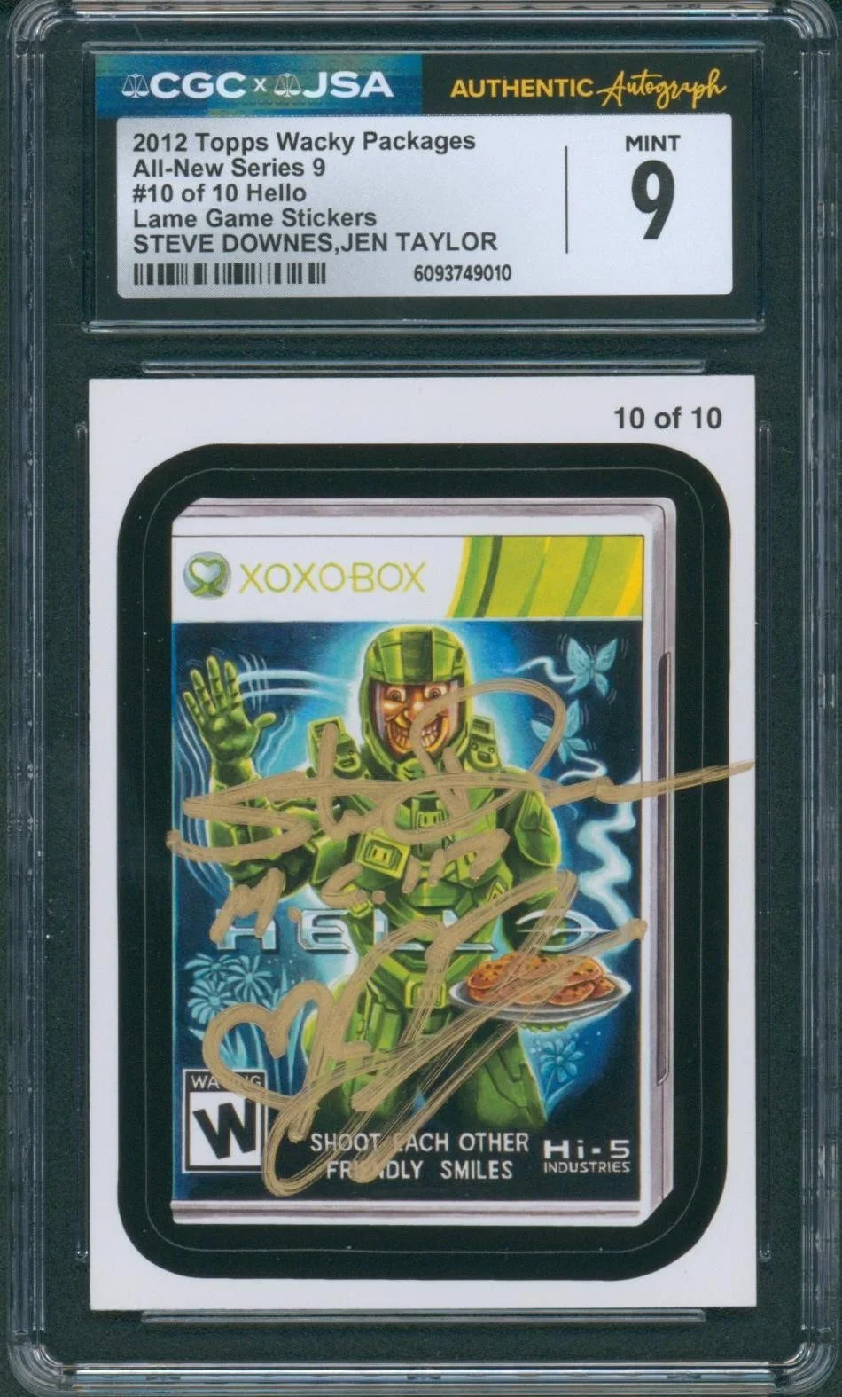 Steve Downes and Jen Taylor — Steve Downes & Jen Taylor Signed Card Halo Wacky Packages Mint 9 CGC x JSA SLAB