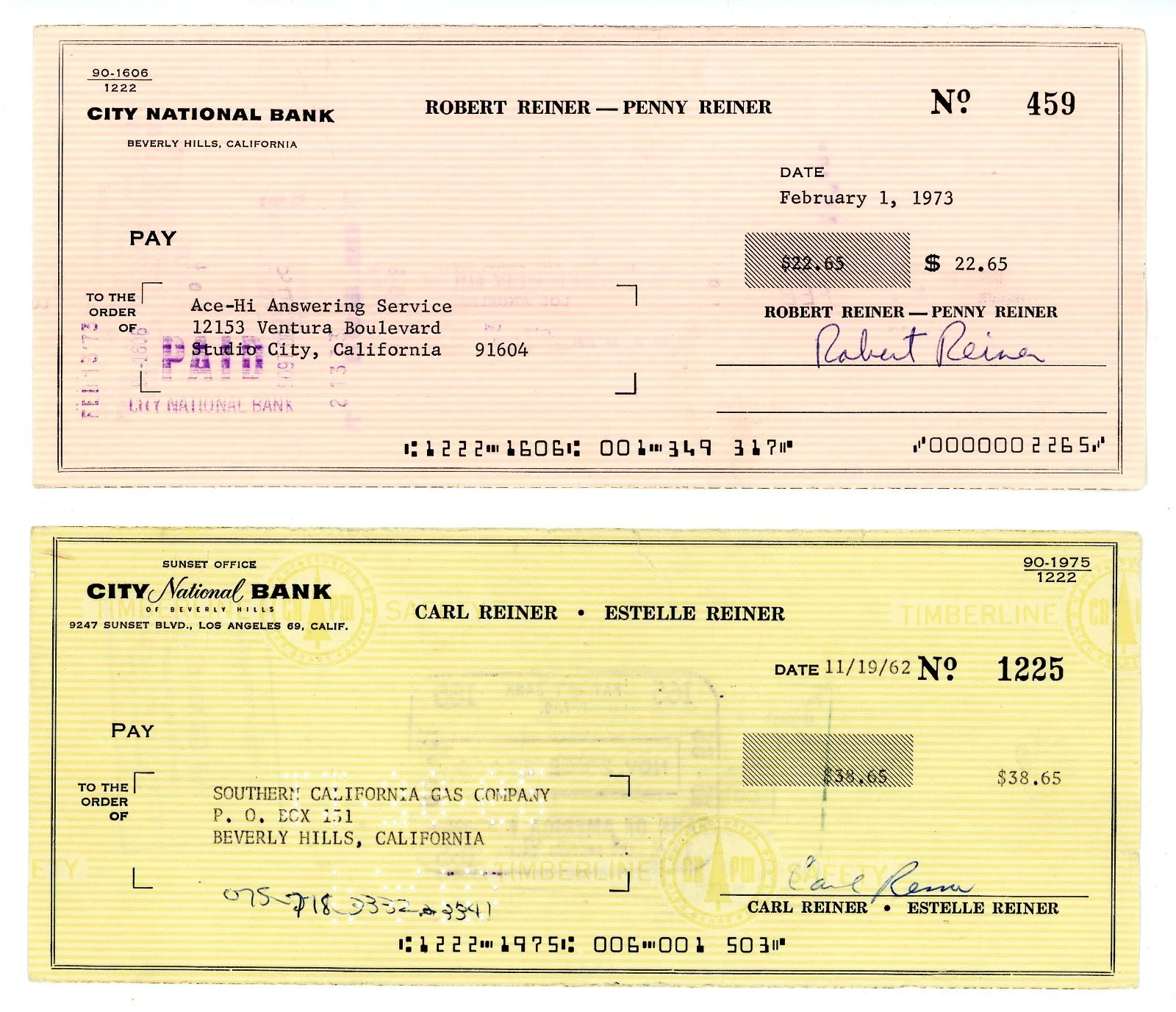 Rob Reiner and Carl Reiner — 1973 Rob Reiner and 1962 Carl Reiner Autographed Signed Personal Checks