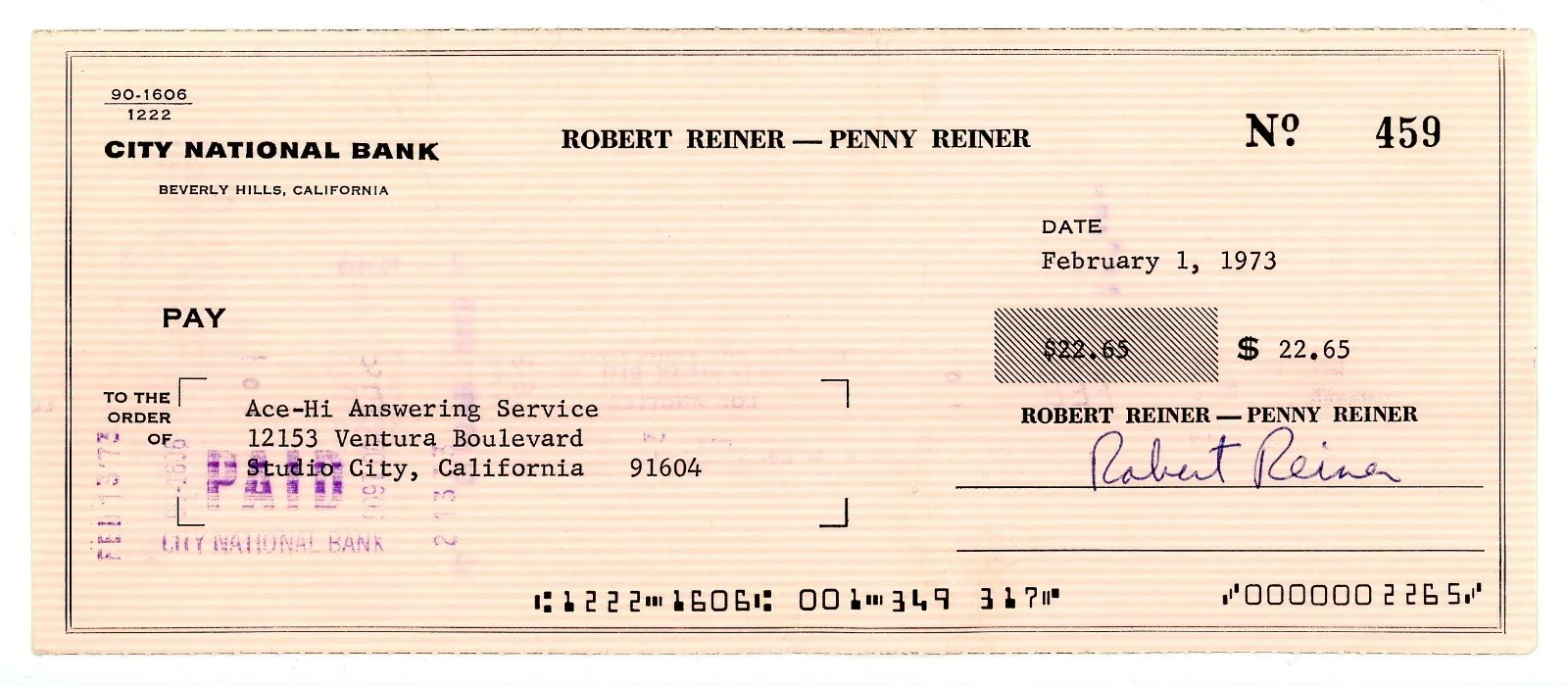 Rob Reiner, Carl Reiner — 1973 Rob Reiner and 1962 Carl Reiner Autographed Signed Personal Checks, изображение 3