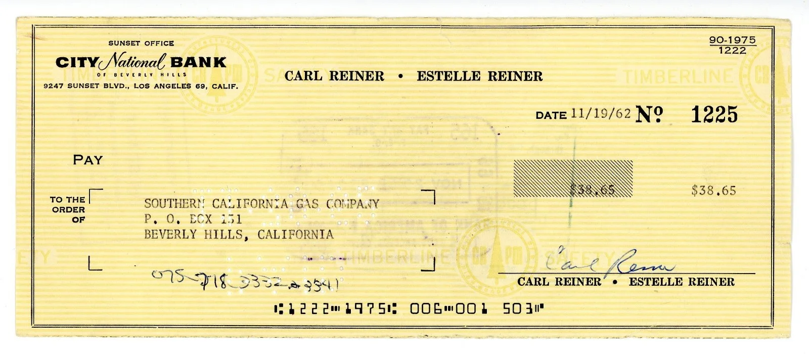 Rob Reiner, Carl Reiner — 1973 Rob Reiner and 1962 Carl Reiner Autographed Signed Personal Checks, изображение 5