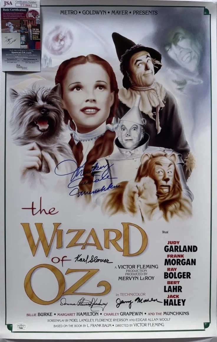 Donna Stewart-Hardway, Mickey Carroll, Jerry Maren, Karl Slover — Wizard of Oz Stewart, Maren, Slover & Carroll Signed Auto 24x15 Poster JSA COA