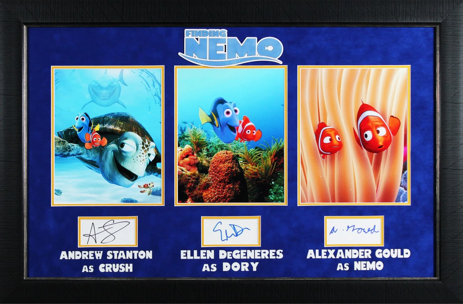 Andrew Stanton, Ellen DeGeneres & Alexander Gould — Finding Nemo (3) Stanton, DeGeneres & Gould Authentic Signed Framed Display BAS