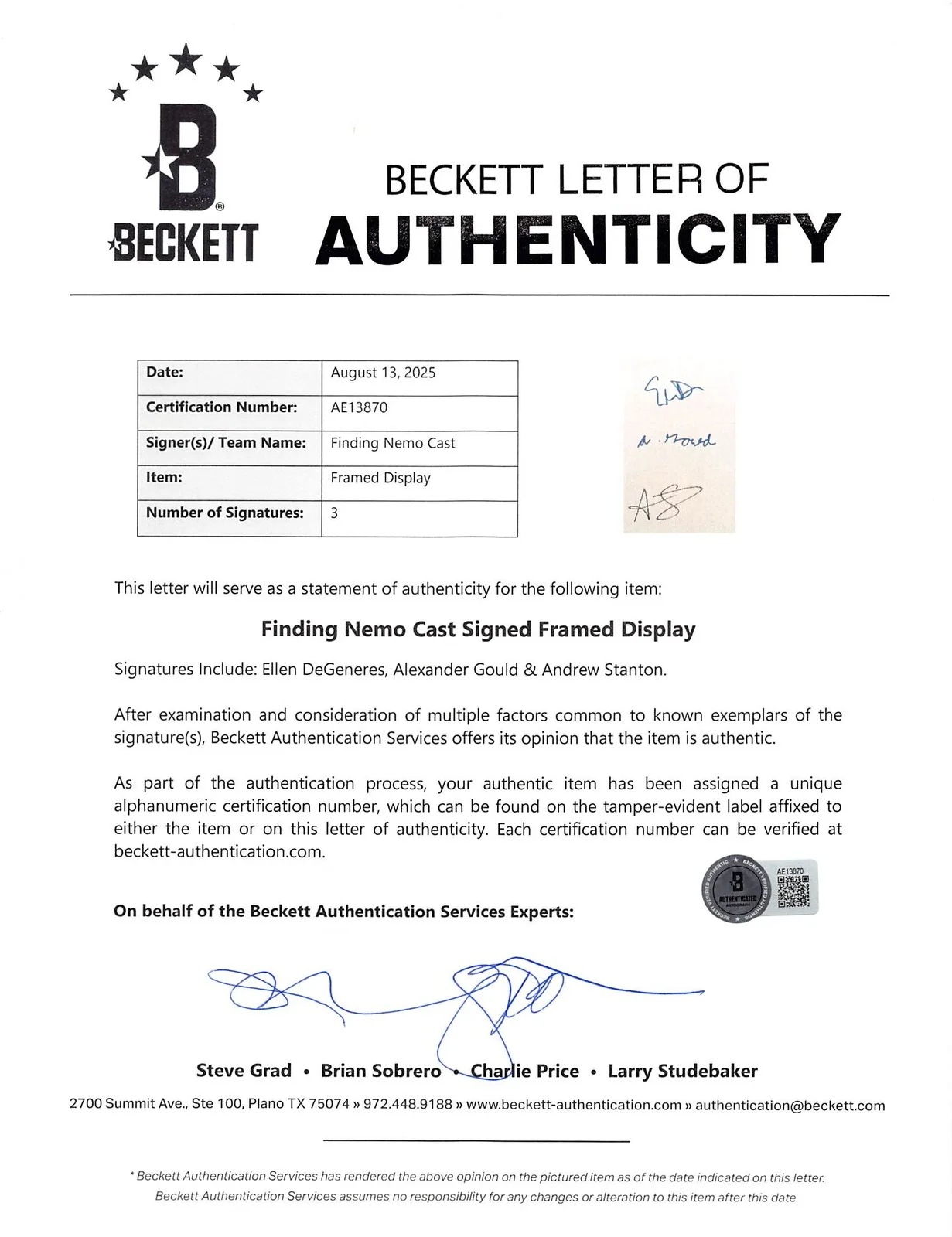 Andrew Stanton, Ellen DeGeneres, Alexander Gould — Finding Nemo (3) Stanton, DeGeneres & Gould Authentic Signed Framed Display BAS, image 3