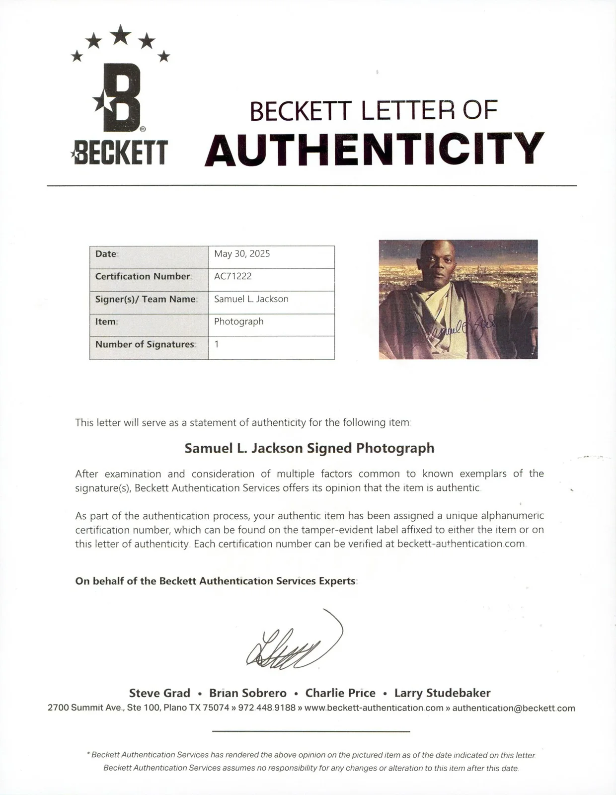Samuel L. Jackson — Samuel L. Jackson Star Wars Authentic Signed 8x10 Framed Photo BAS #AC71222, image 3