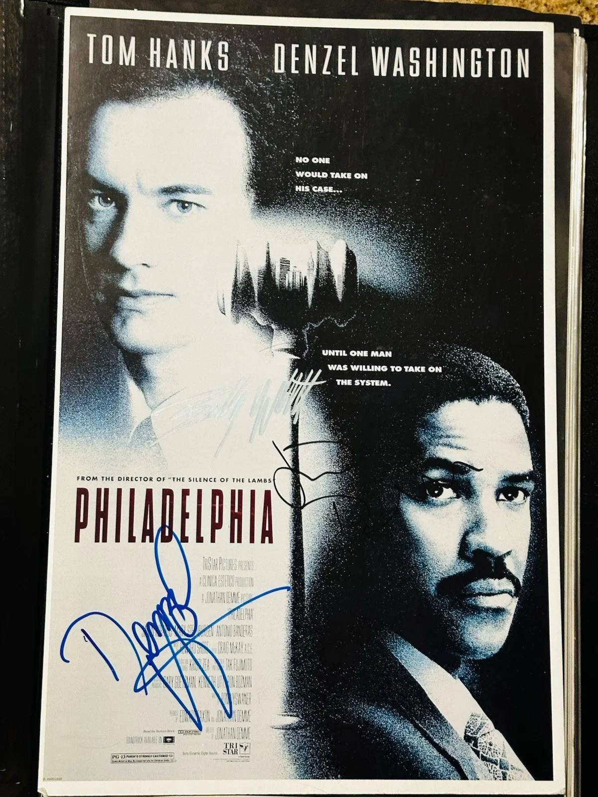 Denzel Washington, Jonathan Demme, Bradley Whitford — Denzel Washington, Jonathan Demme, Bradley Whitford signed Philladelphia poster