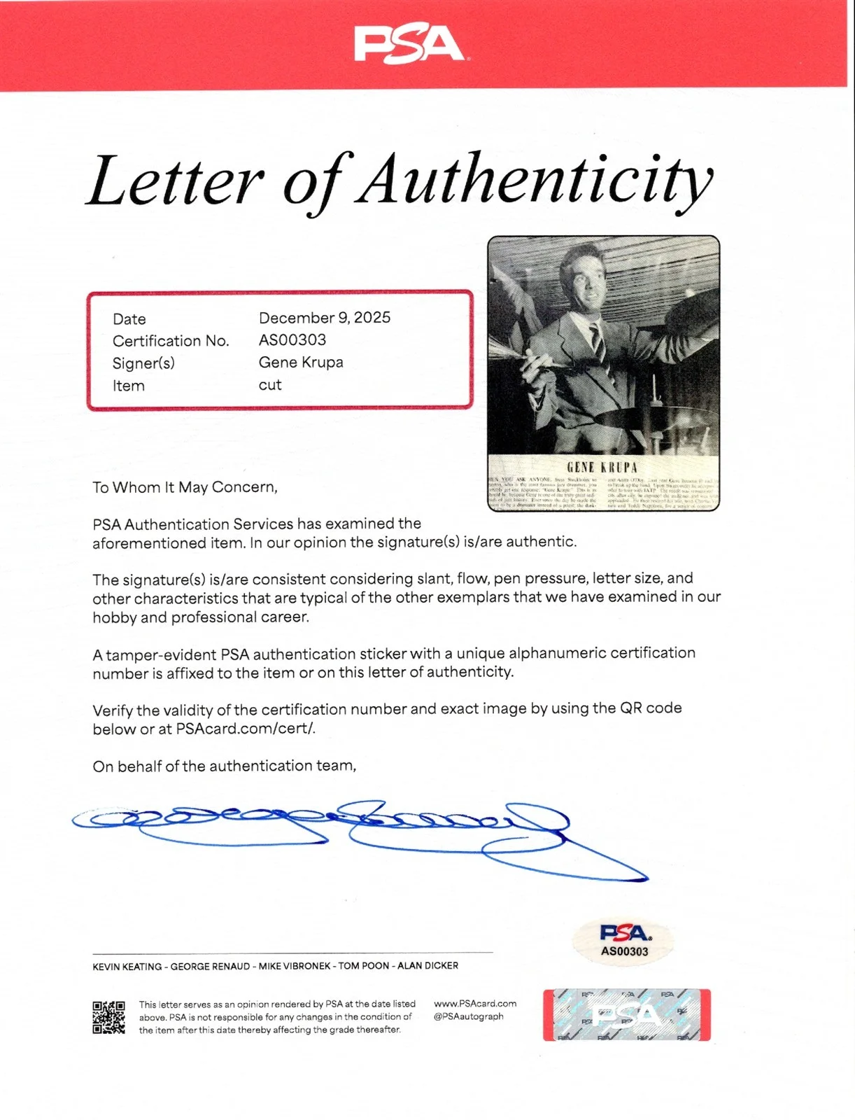 Gene Krupa — GENE KRUPA Autographed Print PSA/DNA LOA American Jazz Drummer, изображение 2