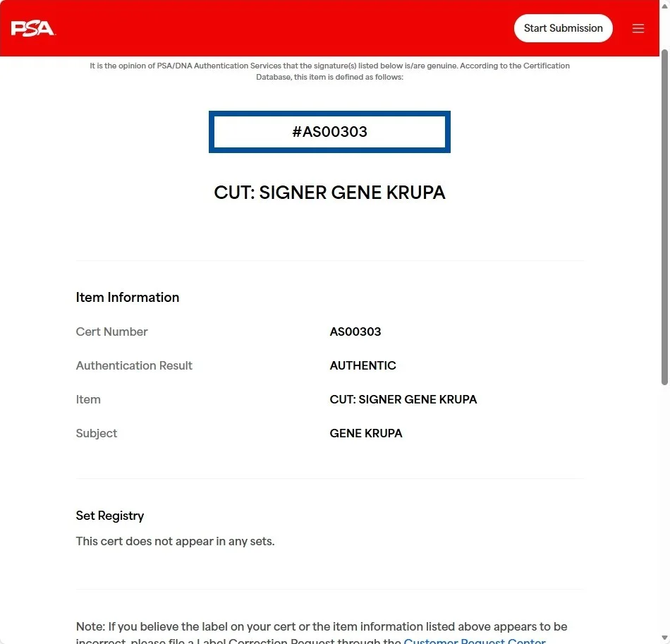 Gene Krupa — GENE KRUPA Autographed Print PSA/DNA LOA American Jazz Drummer, изображение 3