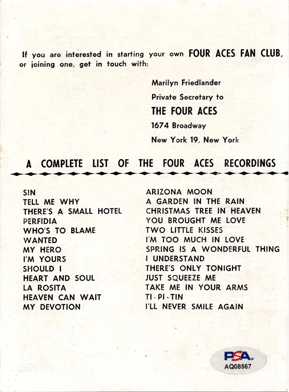 THE FOUR ACES Band Signed 5x7 B/W Promo Photo PSA/DNA LOA Pop Quartet, изображение 2