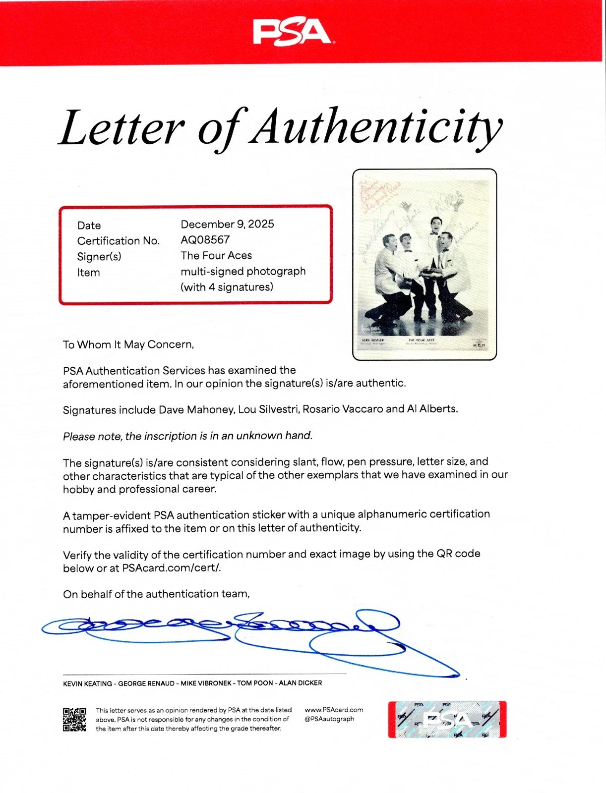 THE FOUR ACES Band Signed 5x7 B/W Promo Photo PSA/DNA LOA Pop Quartet, изображение 3
