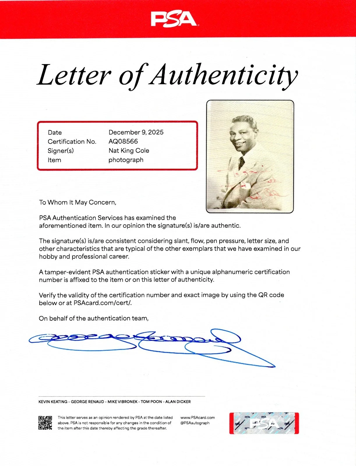 Nat King Cole — NAT KING COLE Autographed 5x7 Photo PSA/DNA LOA Unforgettable, изображение 3