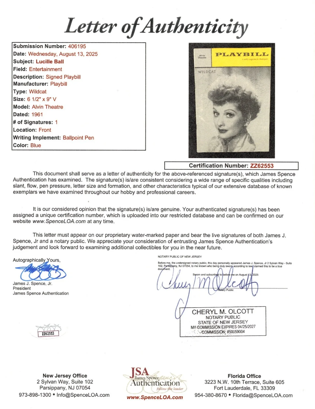 Lucille Ball — Lucille Ball Signed Vintage Wildcat Alvin Theatre Playbill - JSA Authentication, изображение 4