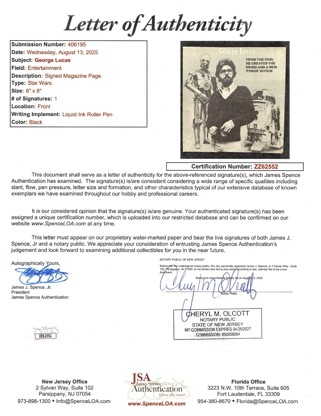 George Lucas — George Lucas Signed 8x8 Vintage Star Wars Magazine Page - JSA Authentication, image 4