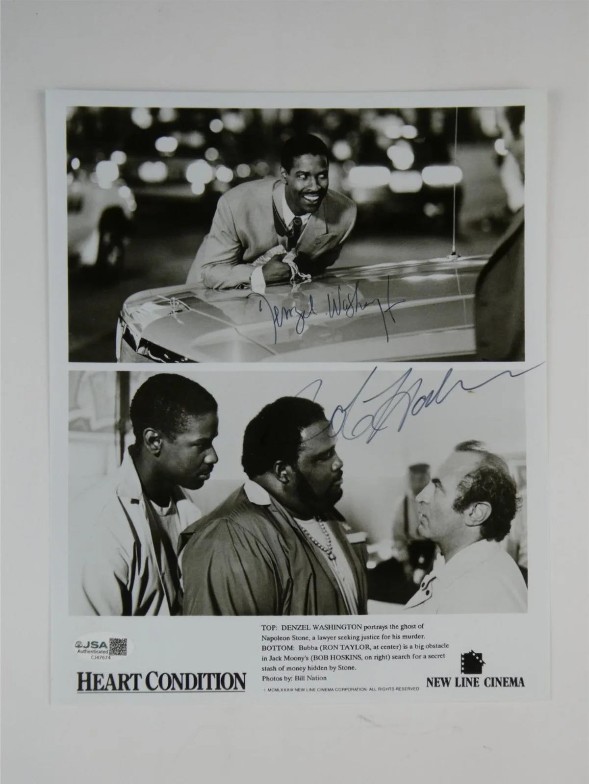 Denzel Washington — Denzel Washington Bob Hoskins Signed 8x10 Photo Heart Condition Full Sig JSA COA, image 2