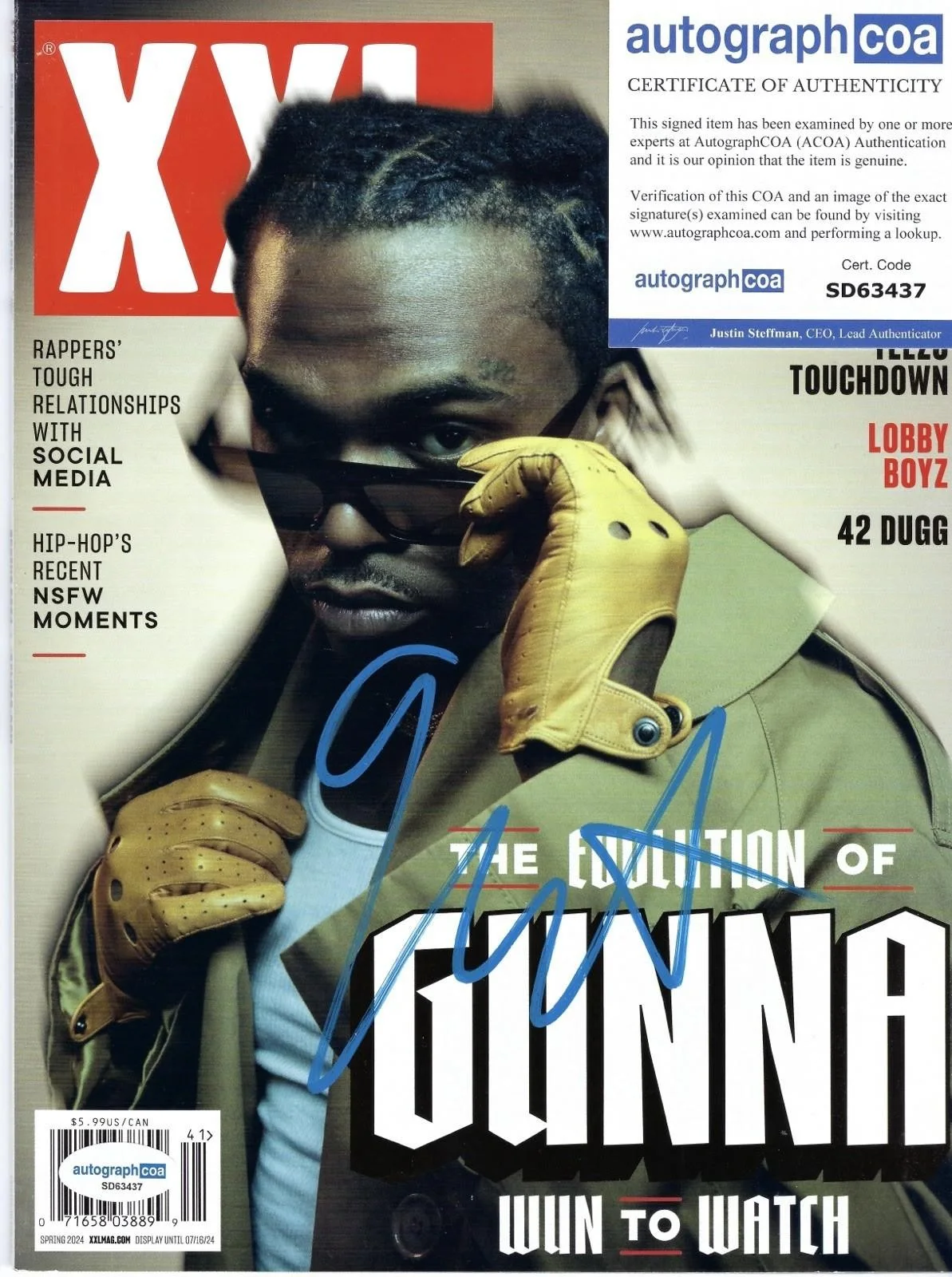 GUNNA SIGNED XXL MAGAZINE WUN OF ONE AUTOGRAPH RAP - ACOA COA + PROOF, image 2