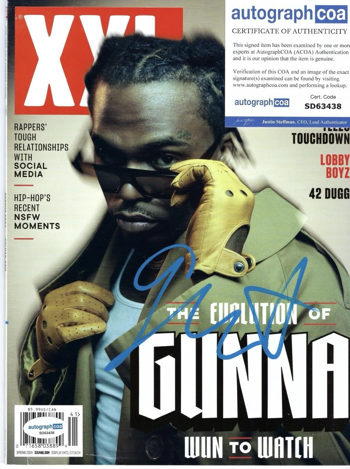 GUNNA SIGNED XXL MAGAZINE WUN OF ONE AUTOGRAPH RAP - ACOA COA + PROOF, изображение 2