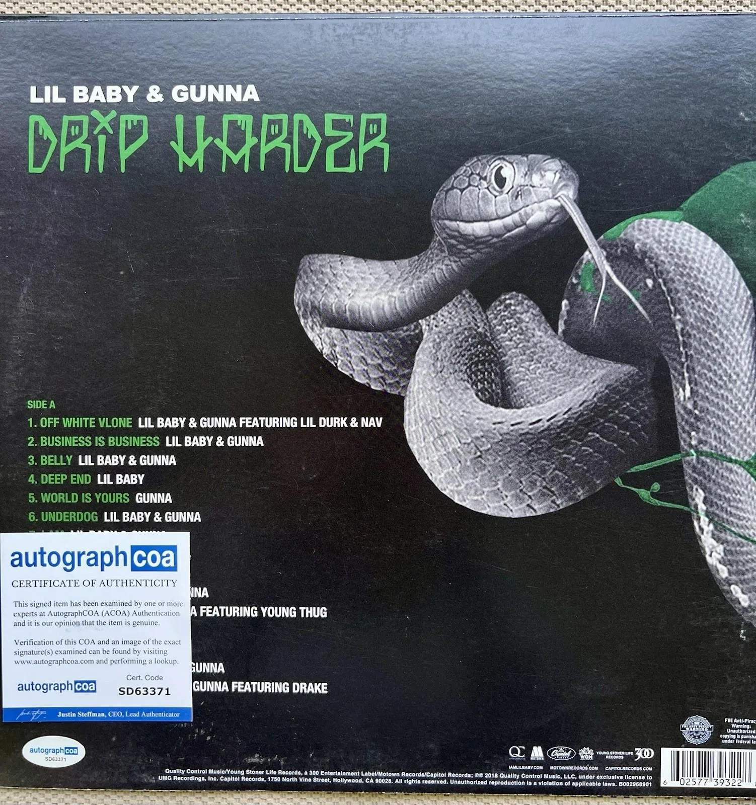 GUNNA SIGNED “DRIP HARDER” VINYL & RECORD LIL BABY THUG - ACOA COA + PROOF, изображение 5