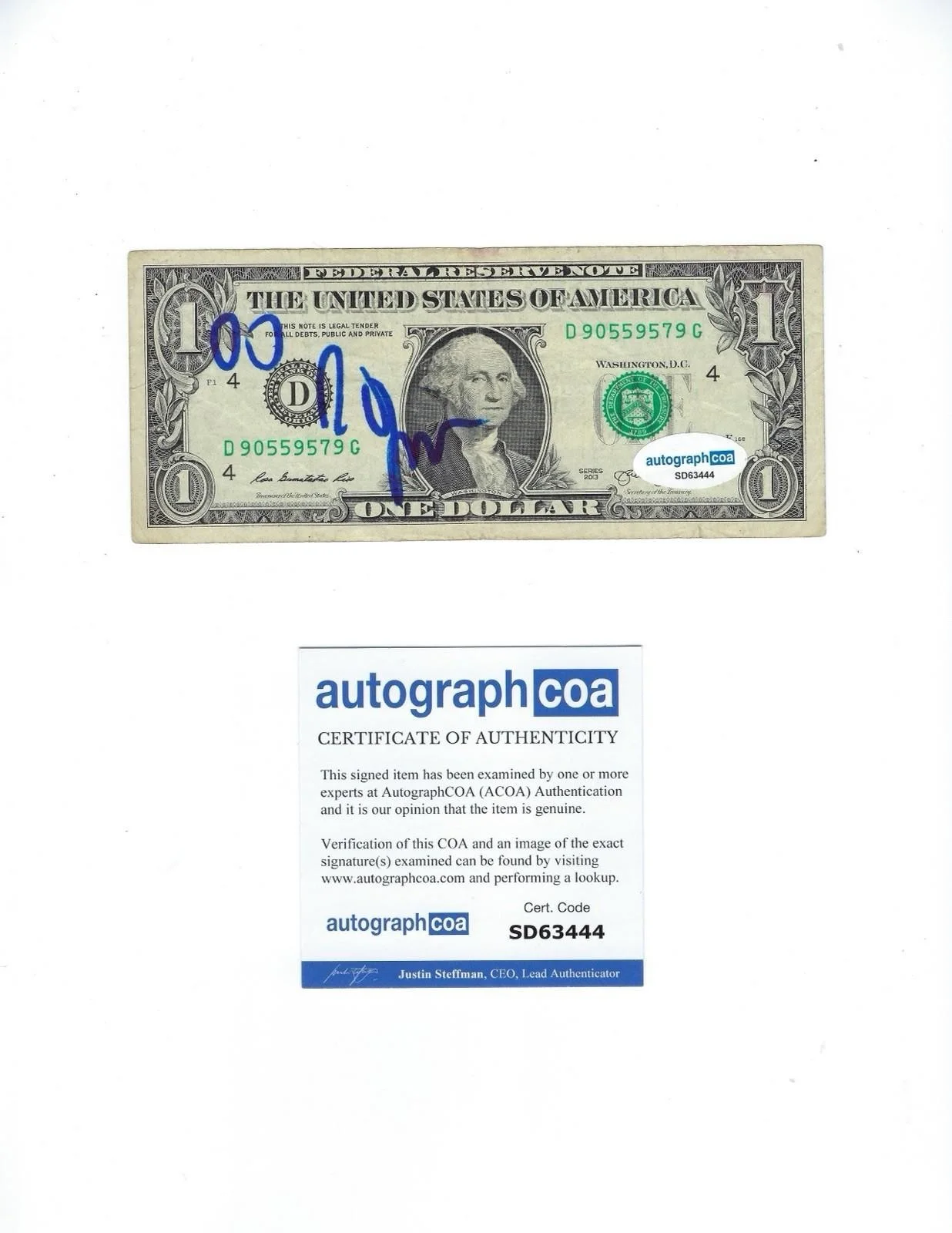 ROBERT SMITH SIGNED $1 DOLLAR BILL THE CURE BAND AUTOGRAPH - ACOA COA + PROOF, image 2