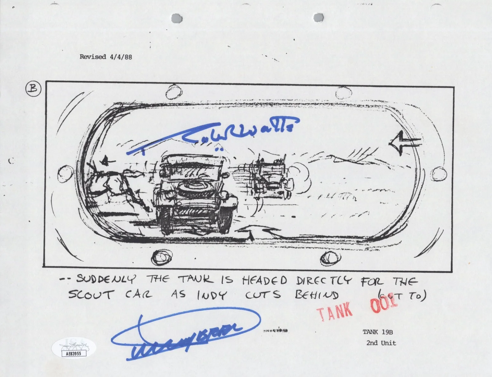 Dickey Beer — Indiana Jones - Storyboard signed by Dickey Beer & Robert Watts 8x10 JSA COA