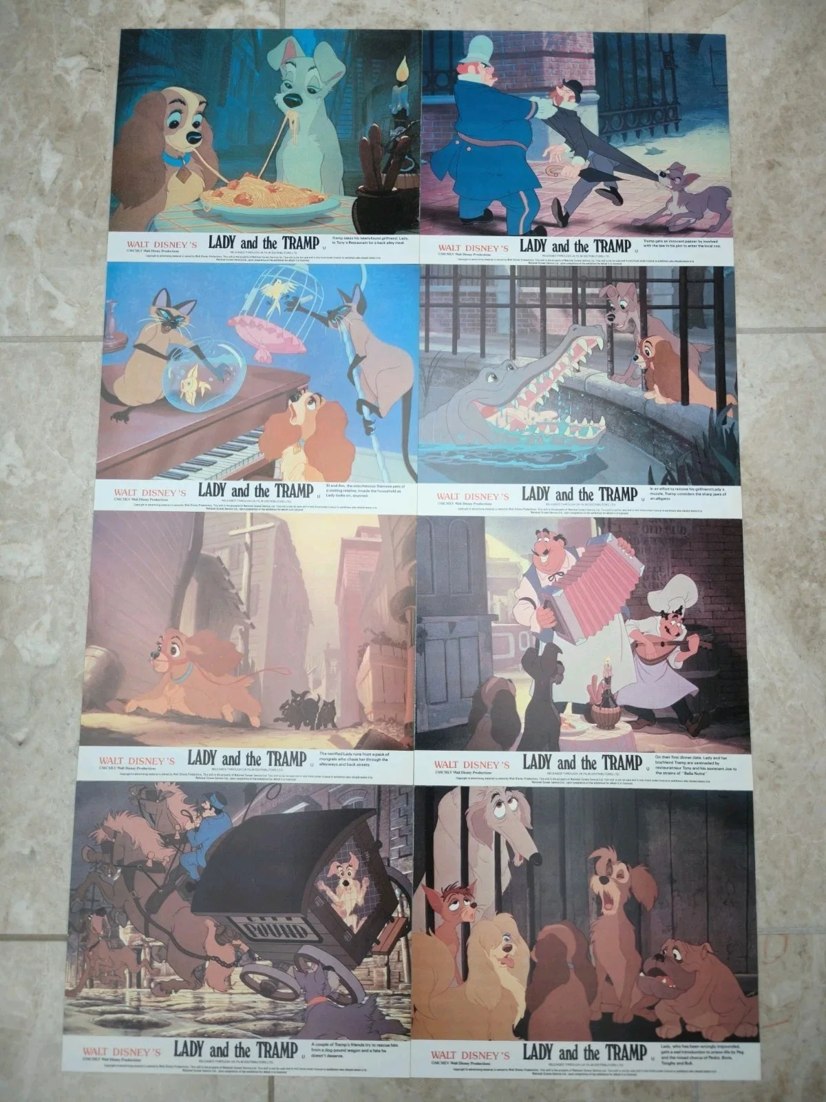 Lady And The Tramp Lobby Cards Front Of House Vintage 1970s X8 MCMLV Disney FOH, изображение 2
