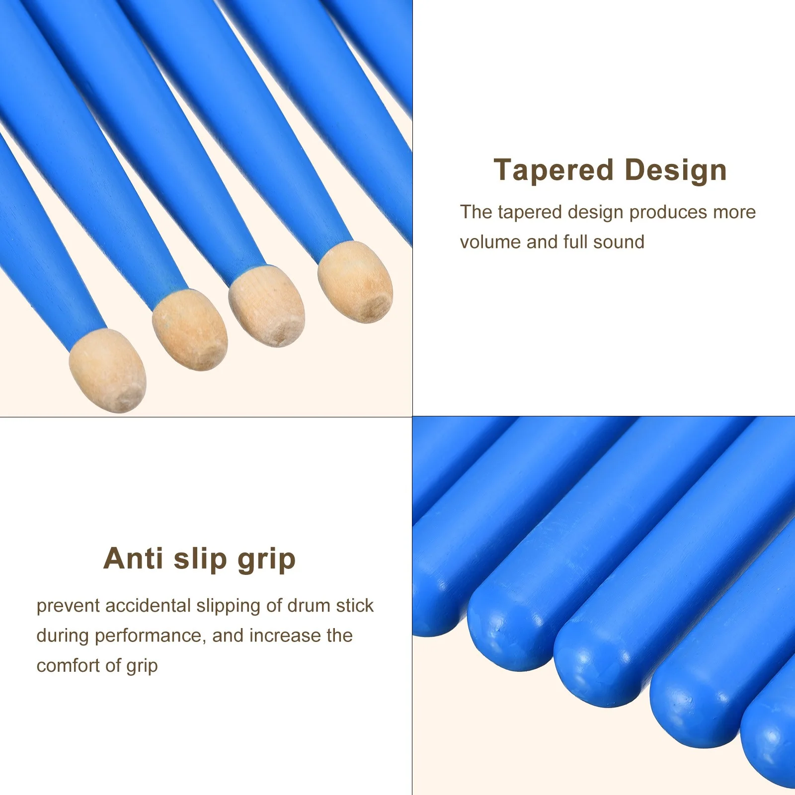 3 Pairs Wood Drumstick Anti Slip Handle Grips 5A Blue Drum Stick Wood Tip, image 3