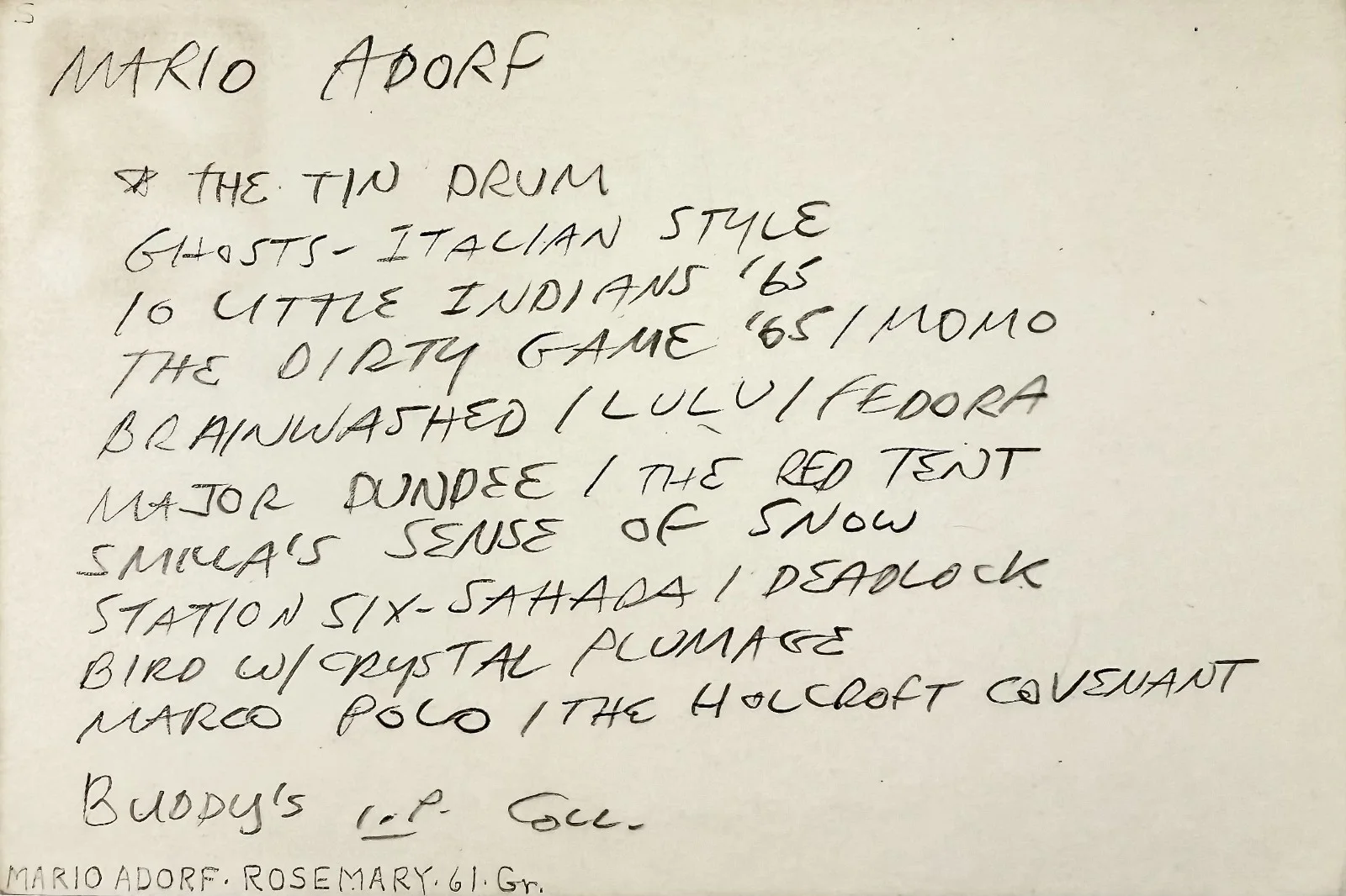 Mario Adorf — MARIO ADORF Signed Autograph 4" x 6" INDEX CARD The Tin Drum Caliber 9 ROSA ROTH, image 3