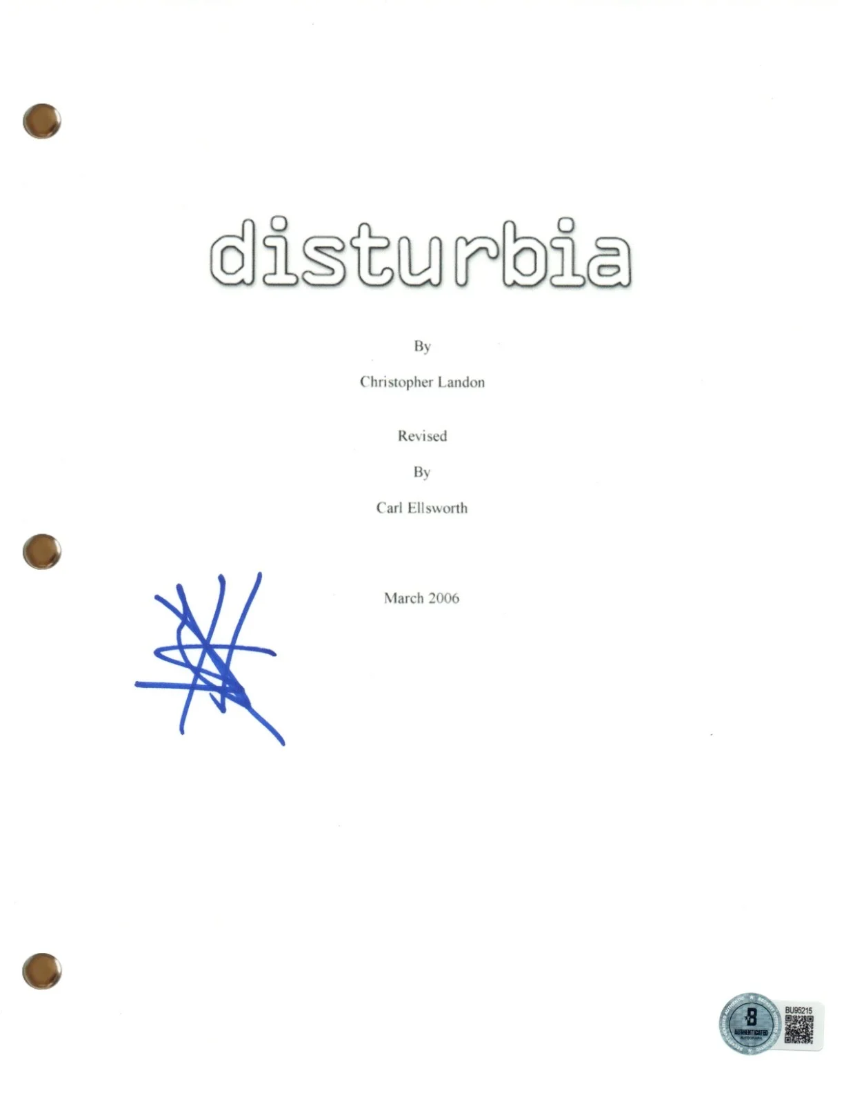 Shia LaBeouf — Shia LaBeouf Signed Autograph Disturbia Movie Script Full Screenplay Beckett COA