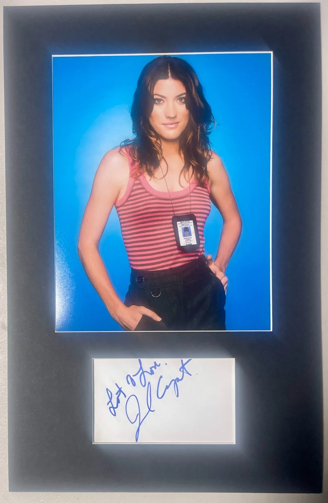 JENNIFER CARPENTER — Jennifer Carpenter Dexter matted signed index card with photo 11x17 #1 Debra